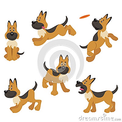 German Shepherd Puppy Dog Poses Vector Illustration