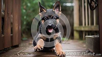 German Shepherd Puppy's First Training Session in the Yard Stock Photo