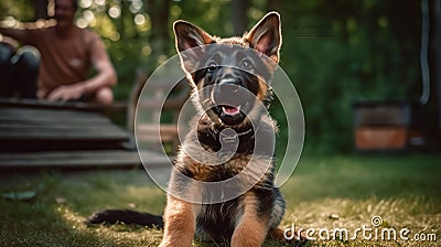 German Shepherd Puppy's First Training Session in the Yard Stock Photo