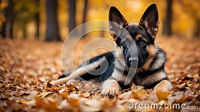 german shepherd puppy A sweet German Shepherd puppy with alert ears and kind eyes, lying on a soft pile of leaves Stock Photo
