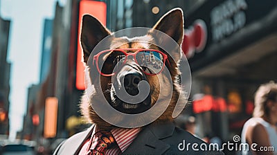 An German Shepherd wearing sunglasses and dressed in a suit on a city street Stock Photo