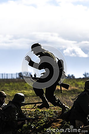 German soldiers. Historical reconstruction, soldiers fighting during World War II. Editorial Stock Photo