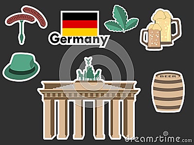 German stickers, germany symbols, the Brandenburg Gate, beer, oak leaves, Bavarian sausages. Patches elements Germany. Vector Illustration