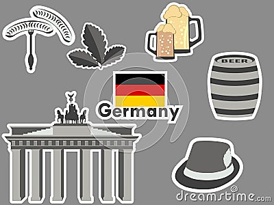 German stickers, germany symbols, the Brandenburg Gate, beer, oak leaves, Bavarian sausages. Patches elements Germany. Vector Illustration