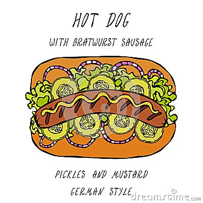 German Style Hot Dog Bratwurst Sausage, Lettuce Salad, Pickled Cucumber, Mustard. Fast Food Collection. Realistic Hand Drawn High Stock Photo