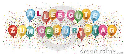 Alles Gute Geburtstag Banner Colored Balloons Confetti Explosion Vector Illustration