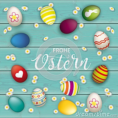 Ostern Colored Easter Eggs Hearts Turquoise Daisy Cover Vector Illustration