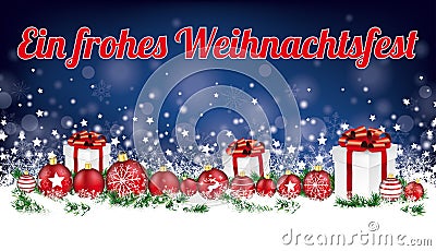 Christmas Card Header Night Blue Snowflakes Baubles Frohes Weihnachtsfest Gifts Vector Illustration