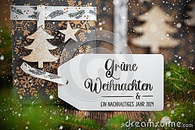 Text Gruene Weihnachten, Means Green Christmas, Christmas Gifts, Snowy Winter Stock Photo