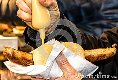 German Thuringian Rostbratwurst with mustard Stock Photo