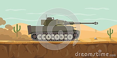 German tiger main battle tank on the desert with haze smoke on the road world war 2 Cartoon Illustration