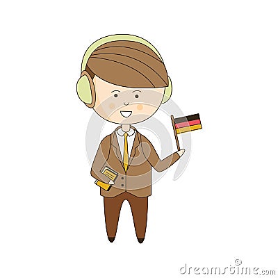 German Tourist With Audio Guide Vector Illustration