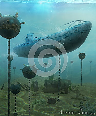 German U-Boat in an Underwater Minefield Stock Photo