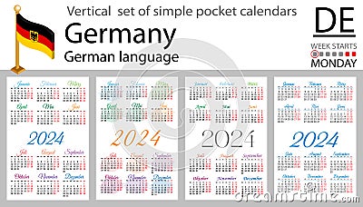 German vertical set of pocket calendar for 2024. Week starts Monday Vector Illustration