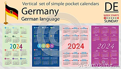 German vertical set of pocket calendar for 2024. Week starts Sunday Vector Illustration