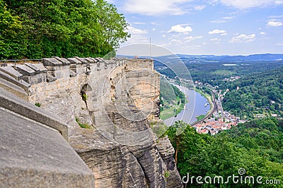 The German village of Hutten. Saxon Switzerland, Germany. View from the fortress Koenigstein. Fortress wall of the fortre Stock Photo