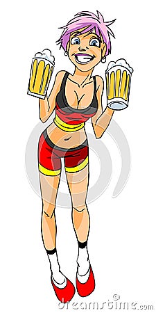 German woman with beer - soccer fan. Cartoon Illustration