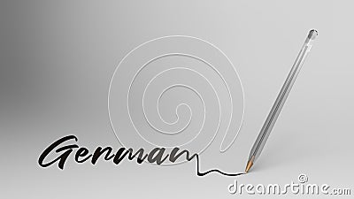German, German word written with calligraphy with Transparent plastic ball pen on white background, bic, 3d illustration render hd Cartoon Illustration