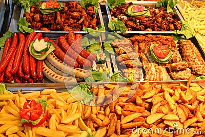 German wurst with french fries Stock Photo