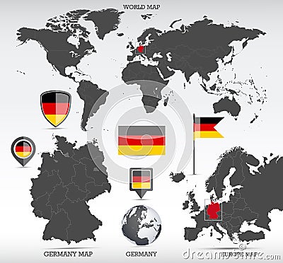 Germany administrative divisions map and Germany flags icon set Vector Illustration