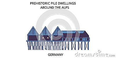 Germany, Alps, Prehistoric Pile Dwellings tourism landmarks, vector city travel illustration Vector Illustration