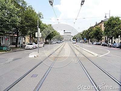 Germany, Augsburg , July 14.th 2018 11 o` clock 35 minutes. View into the Fugger Strasse, in the middle of the street tram rails Editorial Stock Photo