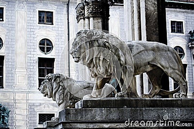 Germany, Bavaria, Munich, Feldherrenhalle, lion statue Stock Photo