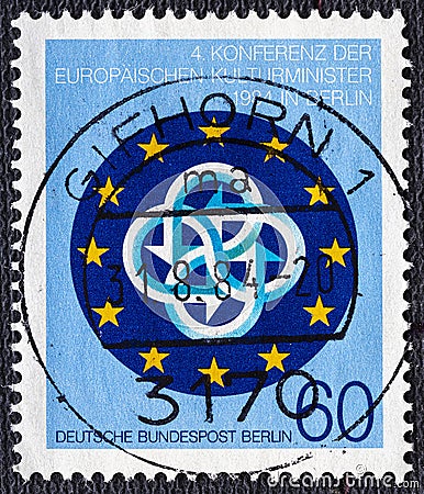 Germany, Berlin - circa 1984 : A first day of issue postmark printed in Berlin, Germany, shows Conference Emblem Editorial Stock Photo