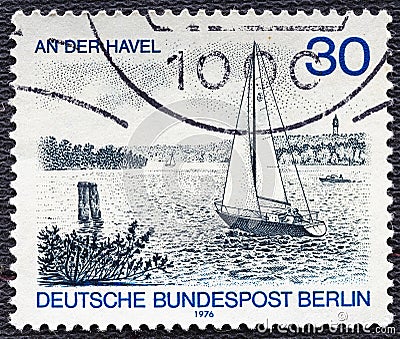 GERMANY, Berlin - CIRCA 1976: a postage stamp from Germany, Berlin showing a Berlin view: sailboat and motorboat on the Editorial Stock Photo