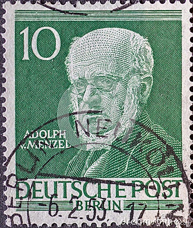 GERMANY, Berlin - CIRCA 1952 a postage stamp from Germany, Berlin showing Men from the history of Berlin: Adolph Menzel Editorial Stock Photo