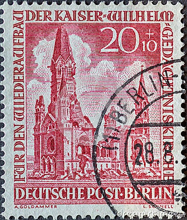 GERMANY, Berlin - CIRCA 1953: a postage stamp from Germany, Berlin showing the Kaiser Wilhelm Memorial Church on Breitscheidplatz Editorial Stock Photo