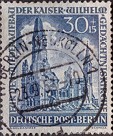 GERMANY, Berlin - CIRCA 1953: a postage stamp from Germany, Berlin showing the Kaiser Wilhelm Memorial Church on Breitscheidplatz Editorial Stock Photo