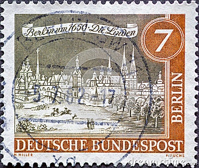 GERMANY, Berlin - CIRCA 1962: This postage stamp from Germany, Berlin showing Old Berlin: The Linden around 1650 Editorial Stock Photo