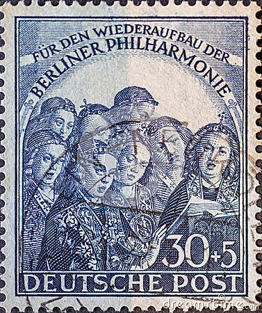 GERMANY, Berlin - CIRCA 1950: a postage stamp from Germany, Berlin showing singing angels excerpt from Ghent Altarpiece and the Editorial Stock Photo