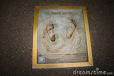 Germany, the Berlin Olympic Stadium Walk of Fame; Footprint of football player Thomas MÃ¼ller Editorial Stock Photo