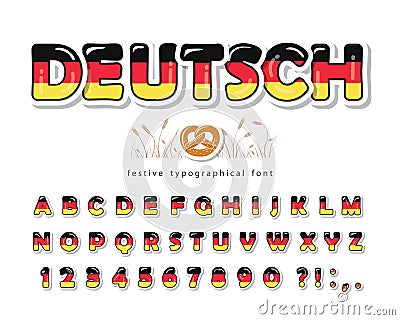 Germany cartoon font. German national flag colors. Paper cutout glossy ABC letters and numbers. Bright alphabet for Vector Illustration