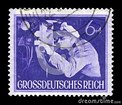 GERMANY - CIRCA 1944: German historical stamp: The commander of the submarine at the periscope. The Army Of The third Reich. Day o Editorial Stock Photo