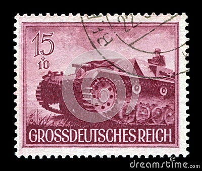 GERMANY - CIRCA 1944: German historical stamp: SturmgeschÃ¼tz III assault gun StuG III. The Army Of The third Reich. Editorial Stock Photo