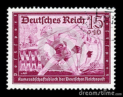 GERMANY - CIRCA 1939: German historical stamp: Young women employees of postal services take part in sports competitions. German p Editorial Stock Photo