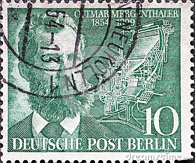 GERMANY - CIRCA 1954: a postage stamp from Germany, Berlin showing a portrait of the inventor of the Linotype typesetting machine Editorial Stock Photo