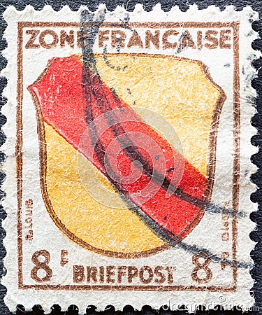 GERMANY - CIRCA 1945: a postage stamp from Germany, the French zone showing the coat of arms of Baden Editorial Stock Photo