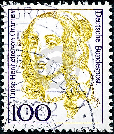Stamp printed in Germany shows portrait of Luise Henriette von Oranien Editorial Stock Photo