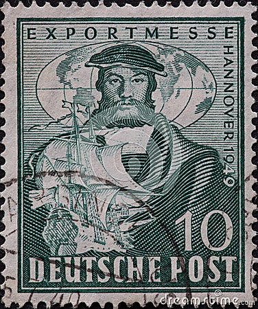 GERMANY - CIRCA 1949: a postage stamp printed in Germany for the 1949 Hanover export fair and shows the Cologne councilor and Stal Editorial Stock Photo