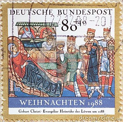 GERMANY - CIRCA 1988 : a postage stamp from Germany, showing Birth of Christ, illustration from the Gospels of Heinrich the Lion. Cartoon Illustration