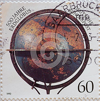 GERMANY - CIRCA 1992 : a postage stamp from Germany, showing the Erdapfel by Martin Behaims. 500 years of the earth globe Editorial Stock Photo