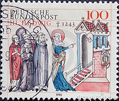 GERMANY - CIRCA 1993 : a postage stamp from Germany, showing a historical drawing of St. Hedwig von Andechs Polish: Jadwiga Slas Editorial Stock Photo