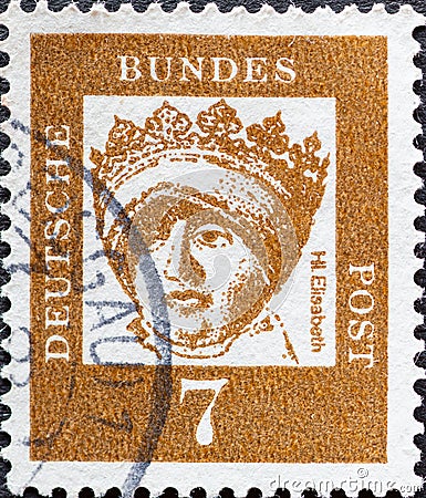 GERMANY - CIRCA 1961: a postage stamp from Germany, showing a portrait of the important German princess and landgrave of St. Elisa Editorial Stock Photo