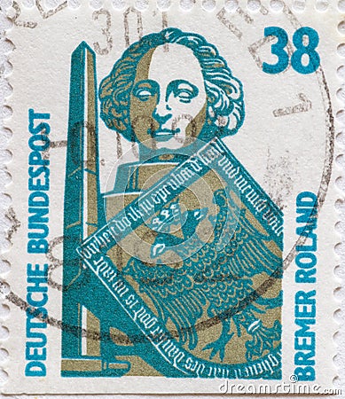 GERMANY - CIRCA 1989: a postage stamp from Germany, showing sights in Germany. Roland Column Bremen Editorial Stock Photo