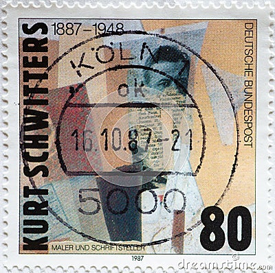 GERMANY - CIRCA 1987 : a postage stamp from Germany, showing a work by the painter, poet, spatial artist and commercial artist Ku Editorial Stock Photo