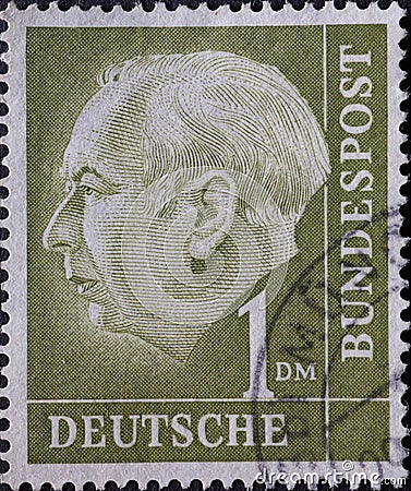 GERMANY - CIRCA 1954: this postage stamp shows the first German President of the Federal Republic of Germany Professor Dr. Theodor Editorial Stock Photo